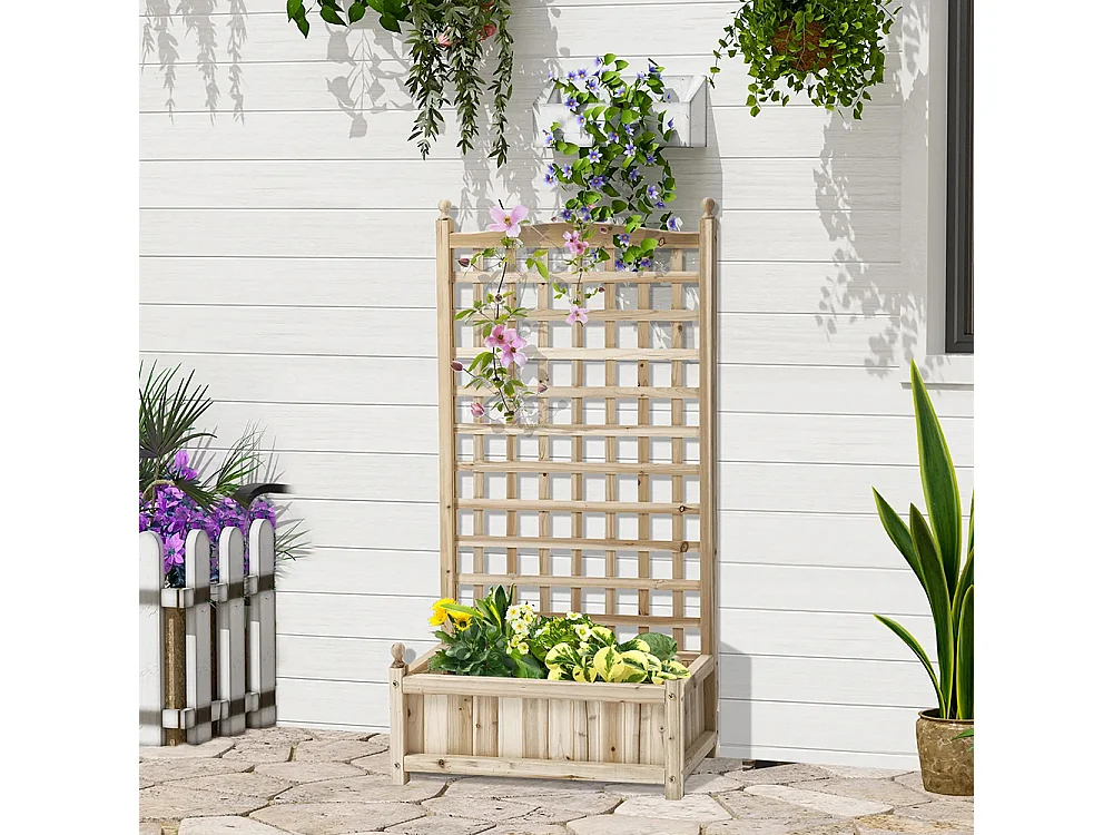 Jardinière avec treillis,Bac à plantes grimpantes,Bois,Naturel,64 x 28 x 120 cm