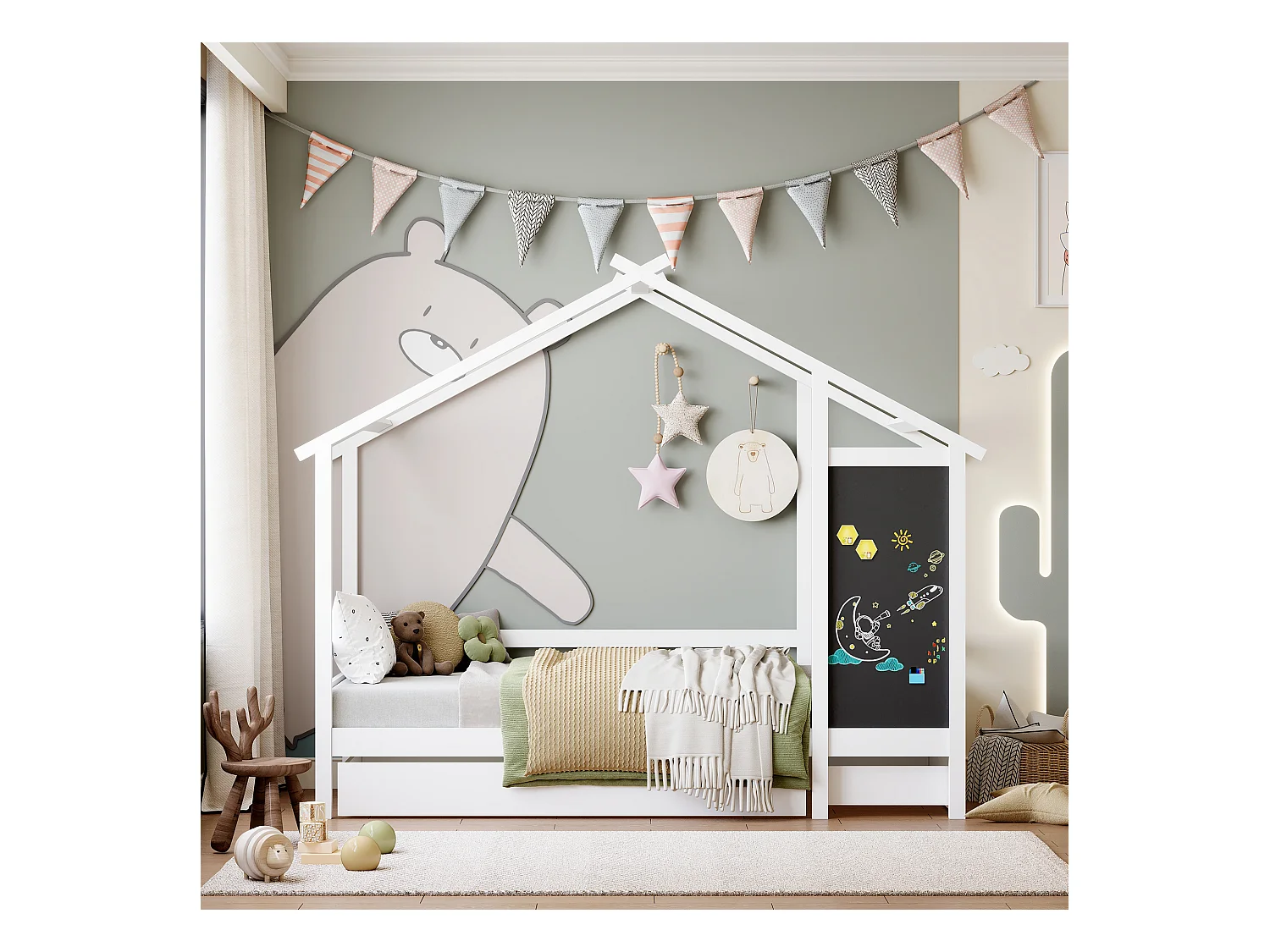Cama de cabine infantil 90 x 200 cm, cama de chão com proteção contra quedas e base de ripas, branca