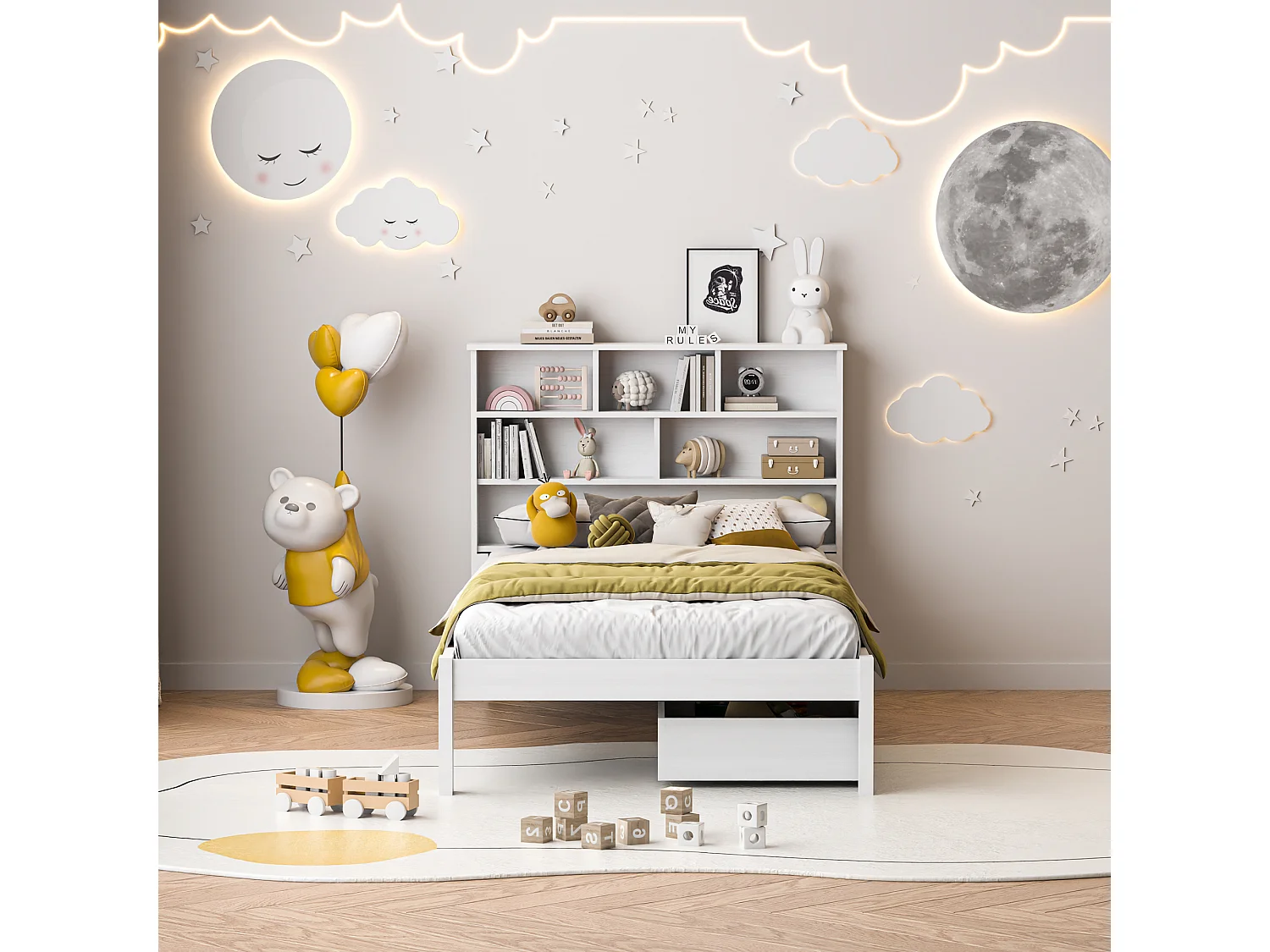 90*200cm gestoffeerd bed met 2 lades, nachtkastje, witte verf, hoogwaardig massief hout