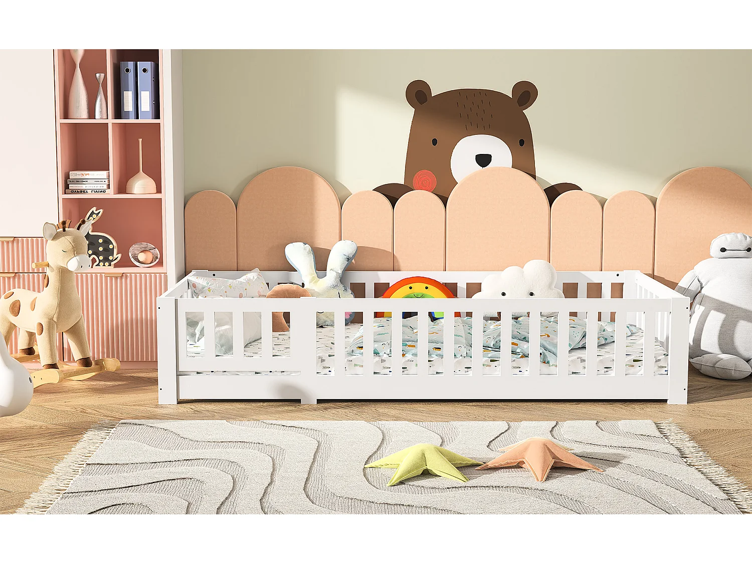 Cadre de lit enfant 90*200cm à lattes antichute, Comprend un sommier à lattes,pin massif blanc