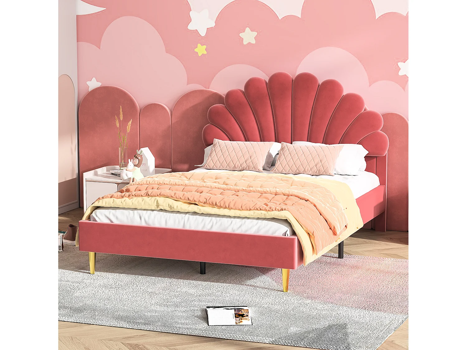 Tweepersoonsbed 140*200cm, bedframe met bloemvormig hoofdeinde en lattenbodem, bordeauxrood, fluweel