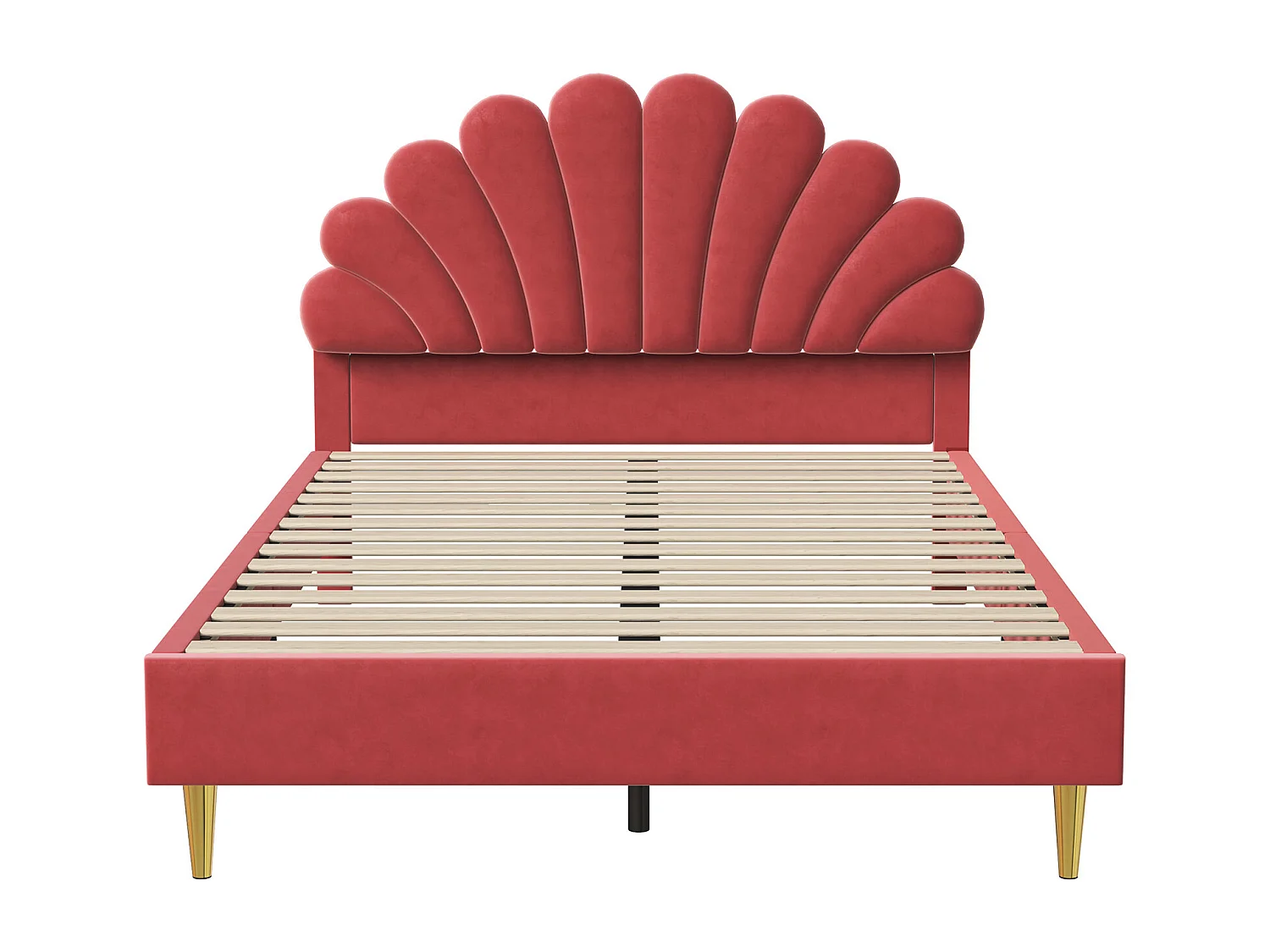 Tweepersoonsbed 140*200cm, bedframe met bloemvormig hoofdeinde en lattenbodem, bordeauxrood, fluweel