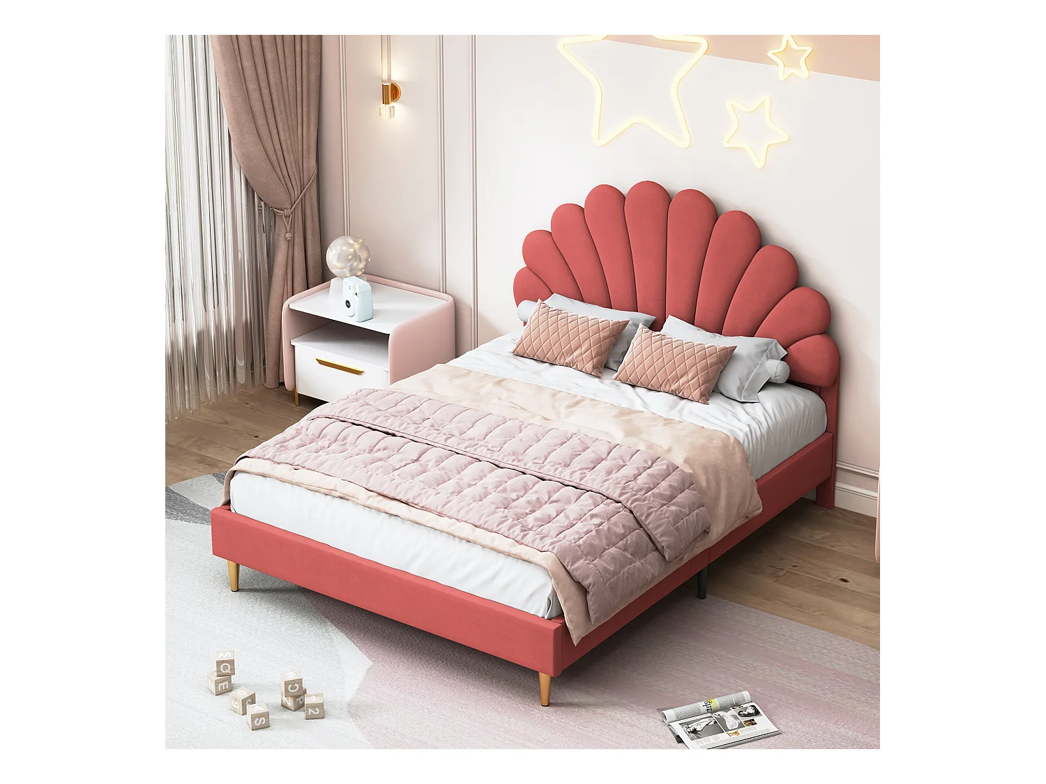 Cama de matrimonio 140*200cm, estructura de cama con cabecero en forma de flor y somier de láminas, color burdeos, terciopelo.