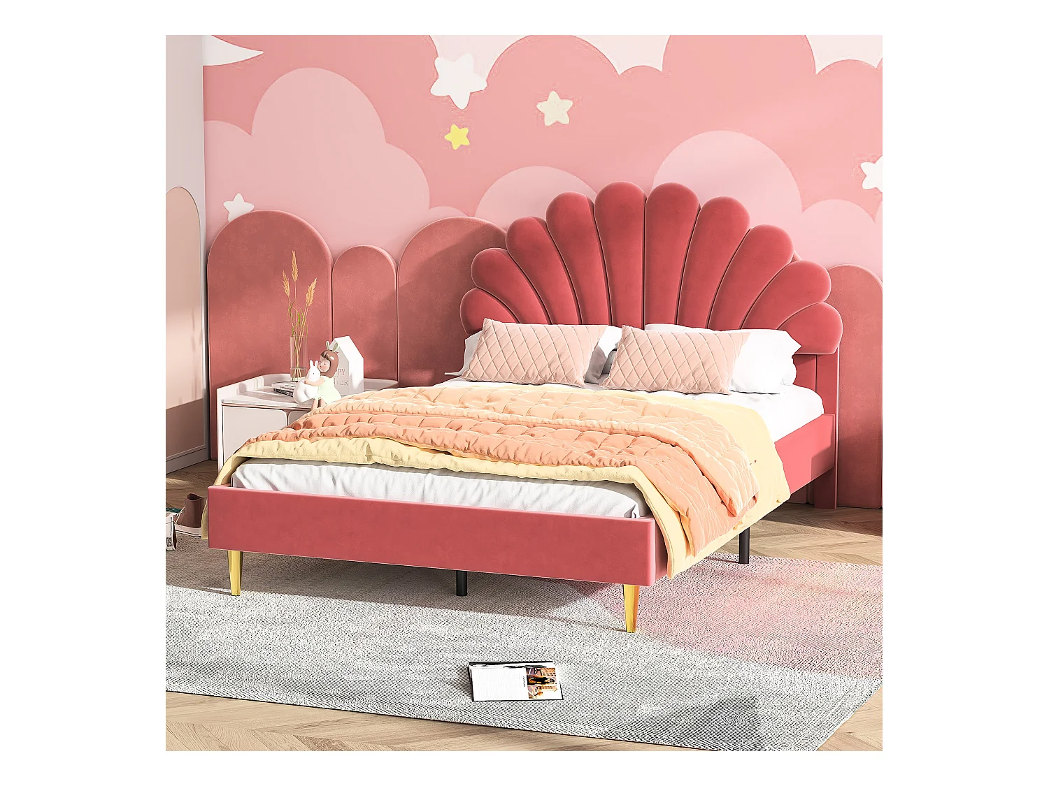 Letto matrimoniale 140*200cm, struttura letto con testiera a forma di fiore e rete a doghe, bordeaux, velluto