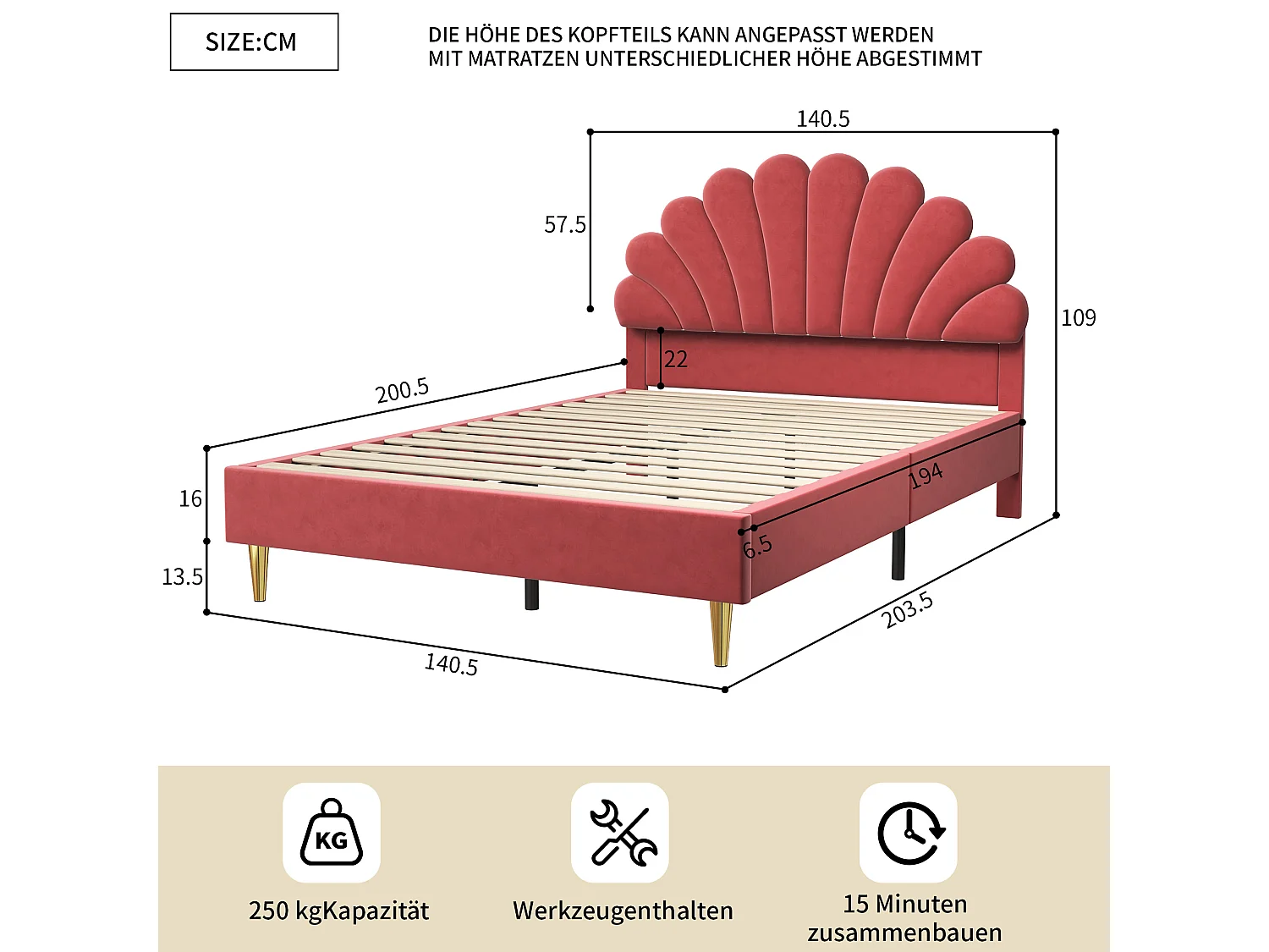 Letto matrimoniale 140*200cm, struttura letto con testiera a forma di fiore e rete a doghe, bordeaux, velluto
