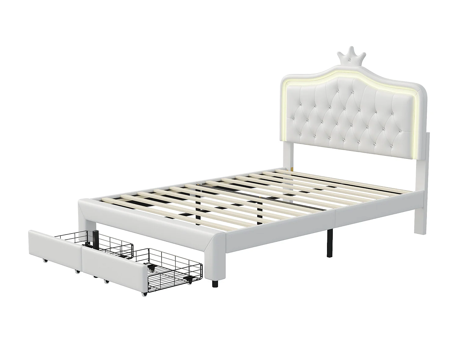 Tweepersoonsbed 140*200cm, met lade aan het voeteneind en lamp aan het hoofdeinde, wit, PU-materiaal