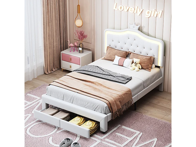 Tweepersoonsbed 140*200cm, met lade aan het voeteneind en lamp aan het hoofdeinde, wit, PU-materiaal