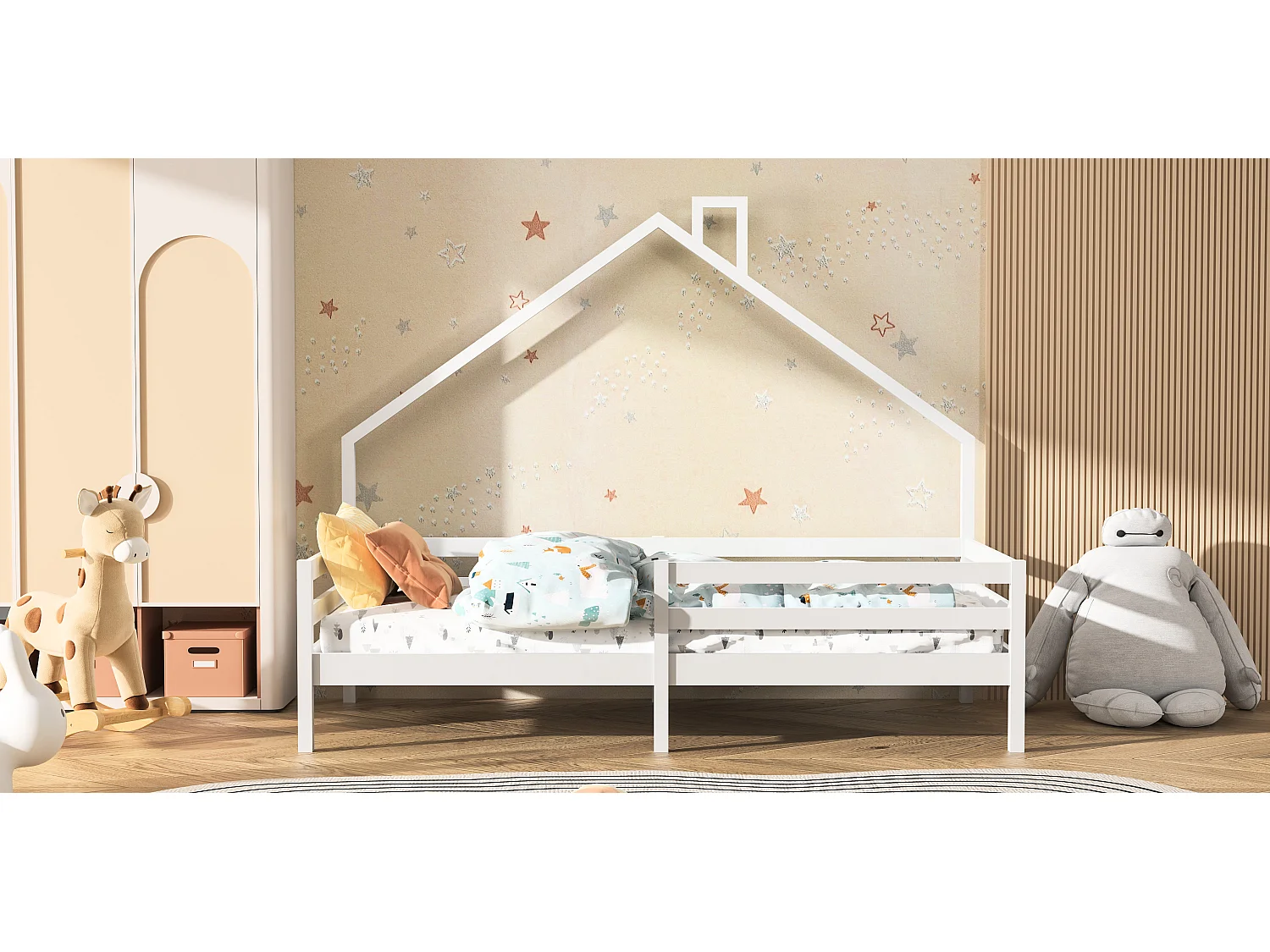 Kinderbed 90x200 cm, kinderstapelbed van grenenhout, met open haard, valbeveiliging, stevige lattenbodem, wit