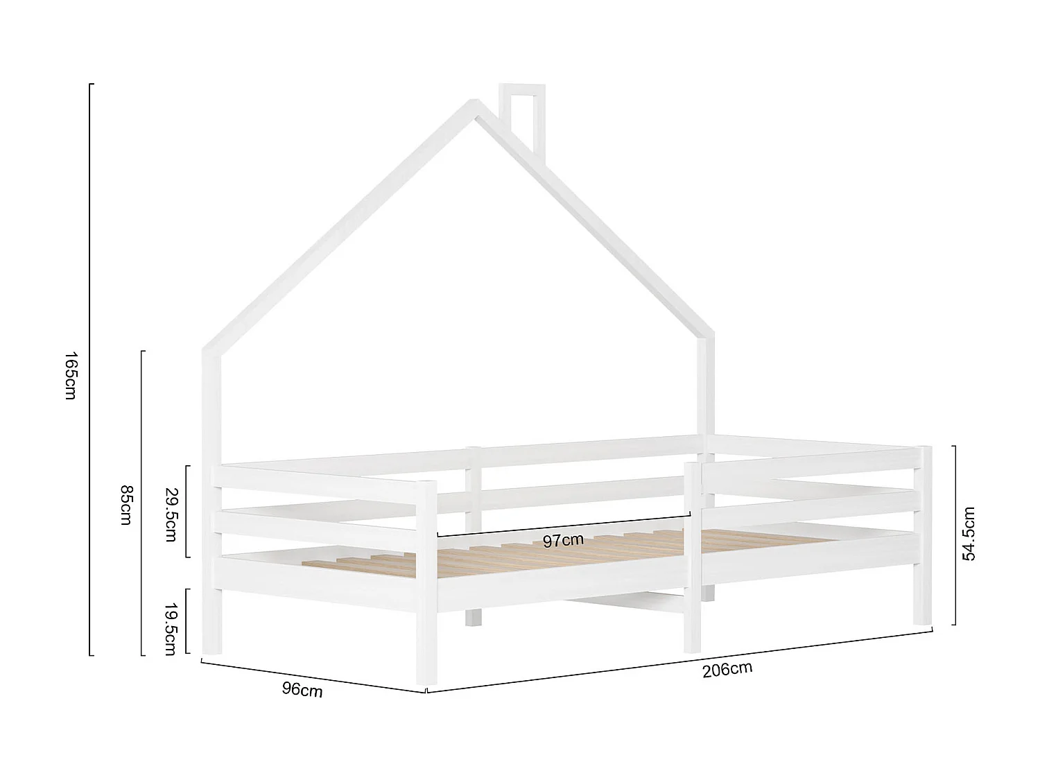 Kinderbed 90x200 cm, kinderstapelbed van grenenhout, met open haard, valbeveiliging, stevige lattenbodem, wit