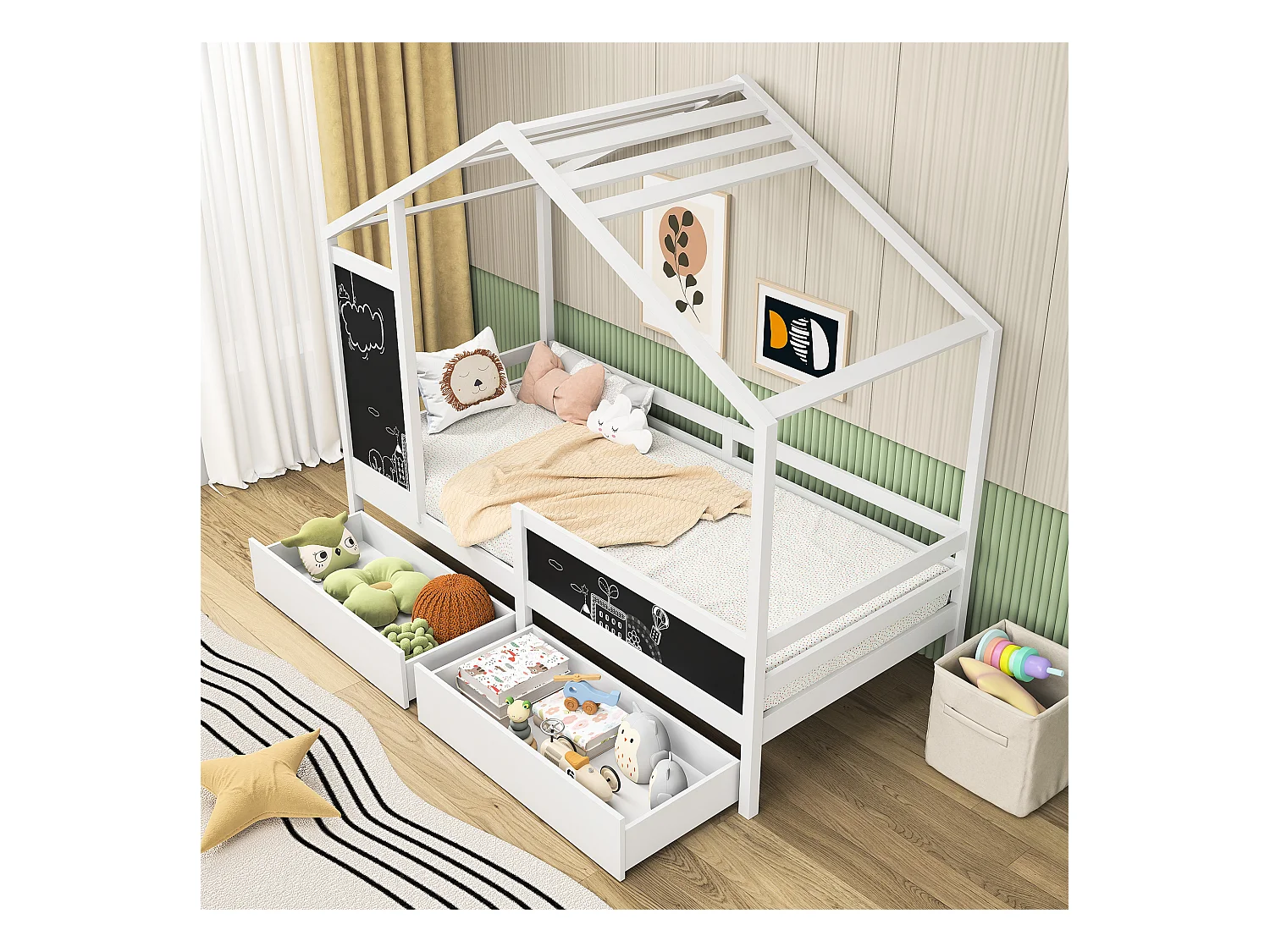 Cama de cabine 90x200 cm, estilo cottage, com quadro negro e gavetas grandes, pinho de alta qualidade, branco