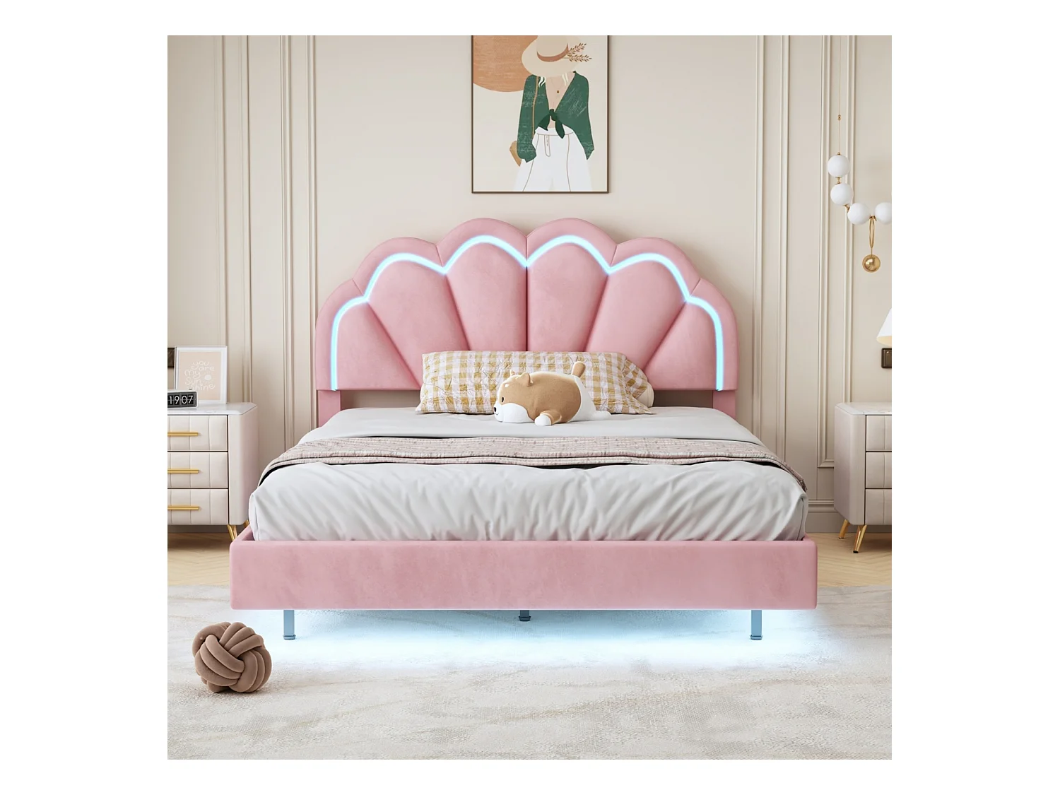 Lit flottant 140 x 200 cm, pieds cachés, avec bande lumineuse LED, rose, tissu velours