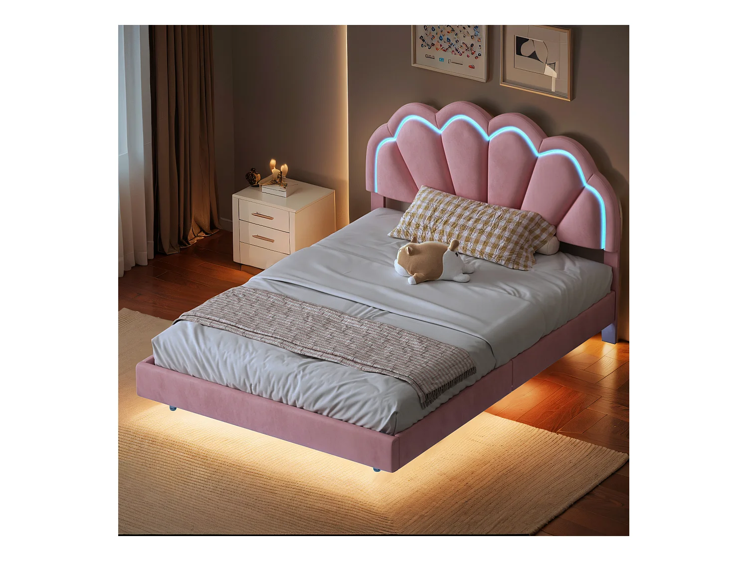 Lit flottant 140 x 200 cm, pieds cachés, avec bande lumineuse LED, rose, tissu velours