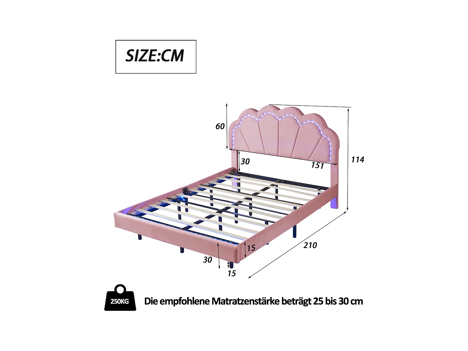 Lit flottant 140 x 200 cm, pieds cachés, avec bande lumineuse LED, rose, tissu velours