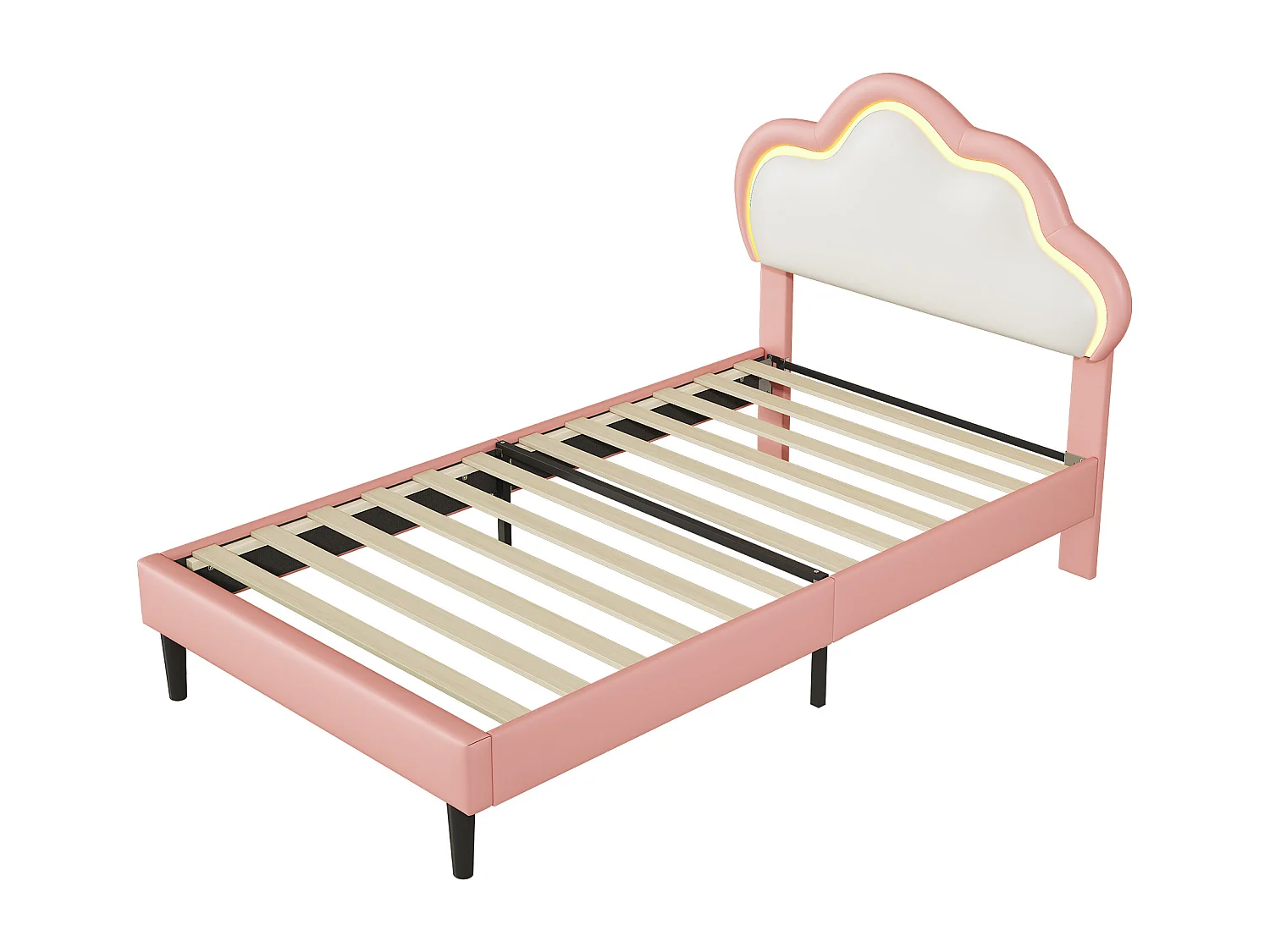 Cama de nuvem estofada, com base de ripas, 90 x 200 cm, PU, cinza + bege