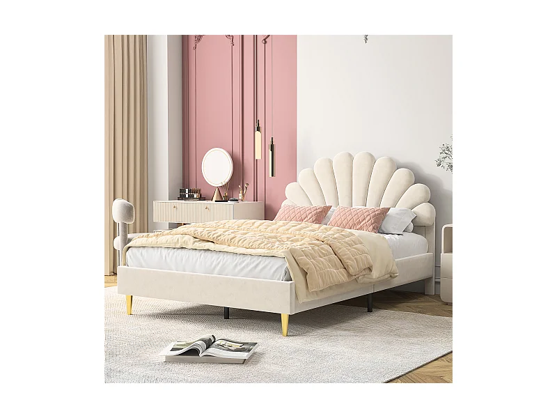 Lit 140*200cm, pétale Lit double  , Avec tête de lit moelleuse,beige, velours
