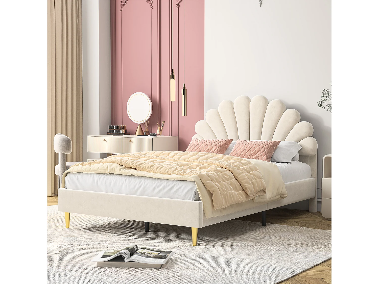 Lit 140*200cm, pétale Lit double  , Avec tête de lit moelleuse,beige, velours