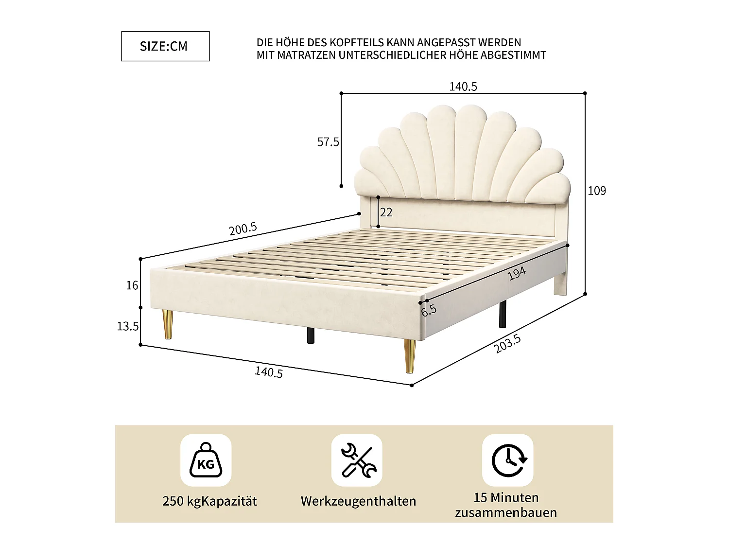 Lit 140*200cm, pétale Lit double  , Avec tête de lit moelleuse,beige, velours