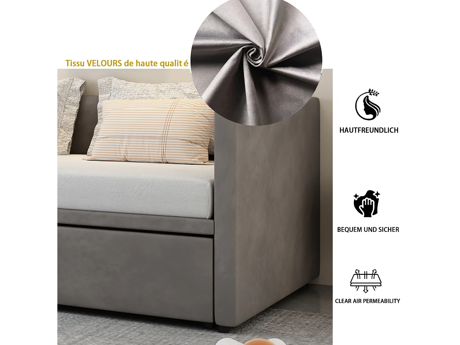 Divano letto estraibile 90/180*200 cm con rete a doghe in velluto delicato sulla pelle, grigio