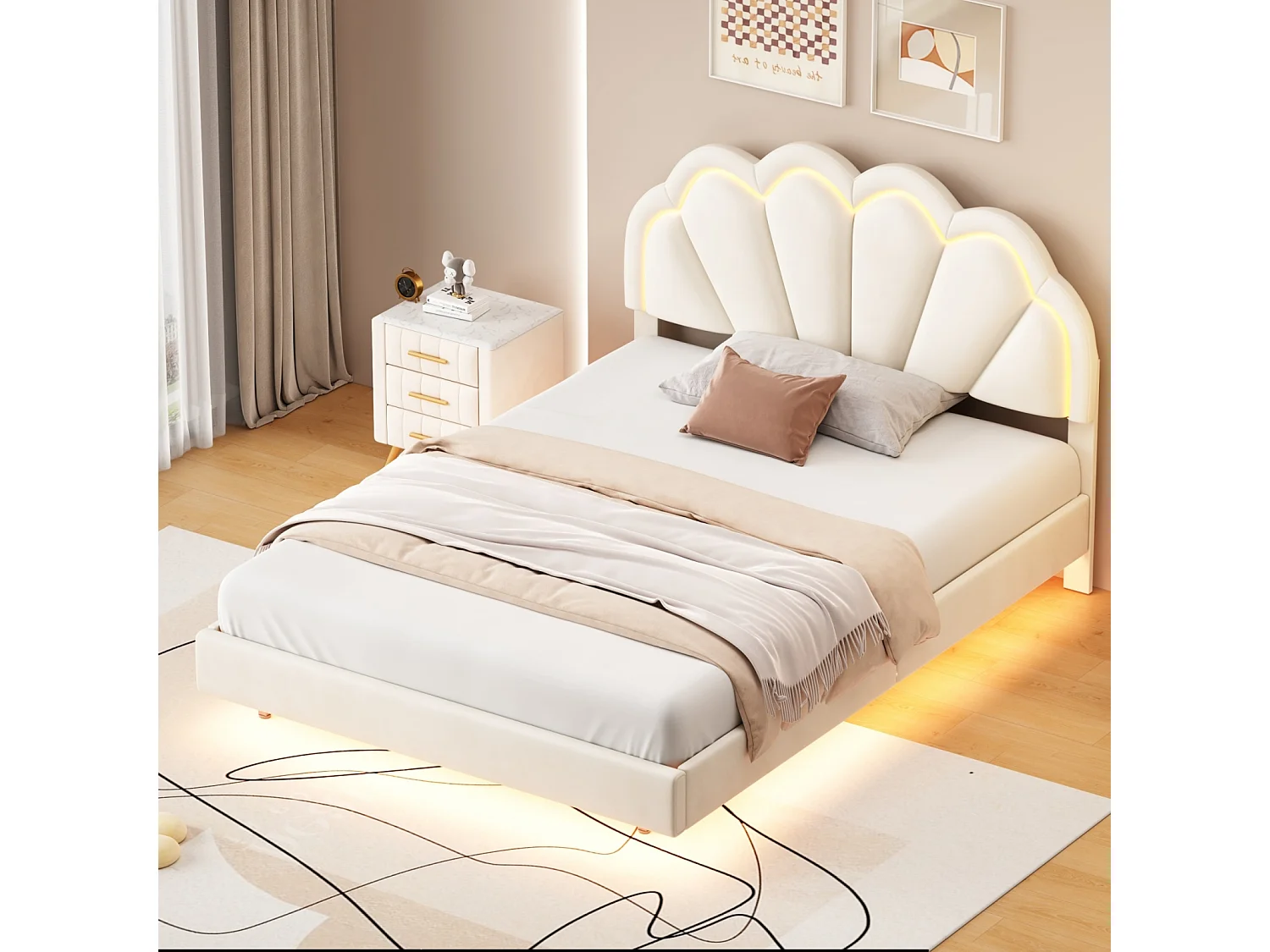 Lit suspendu,avec bandes lumineuses autour du sommier et de la tête de lit,140 x 200 cm,velours,beige