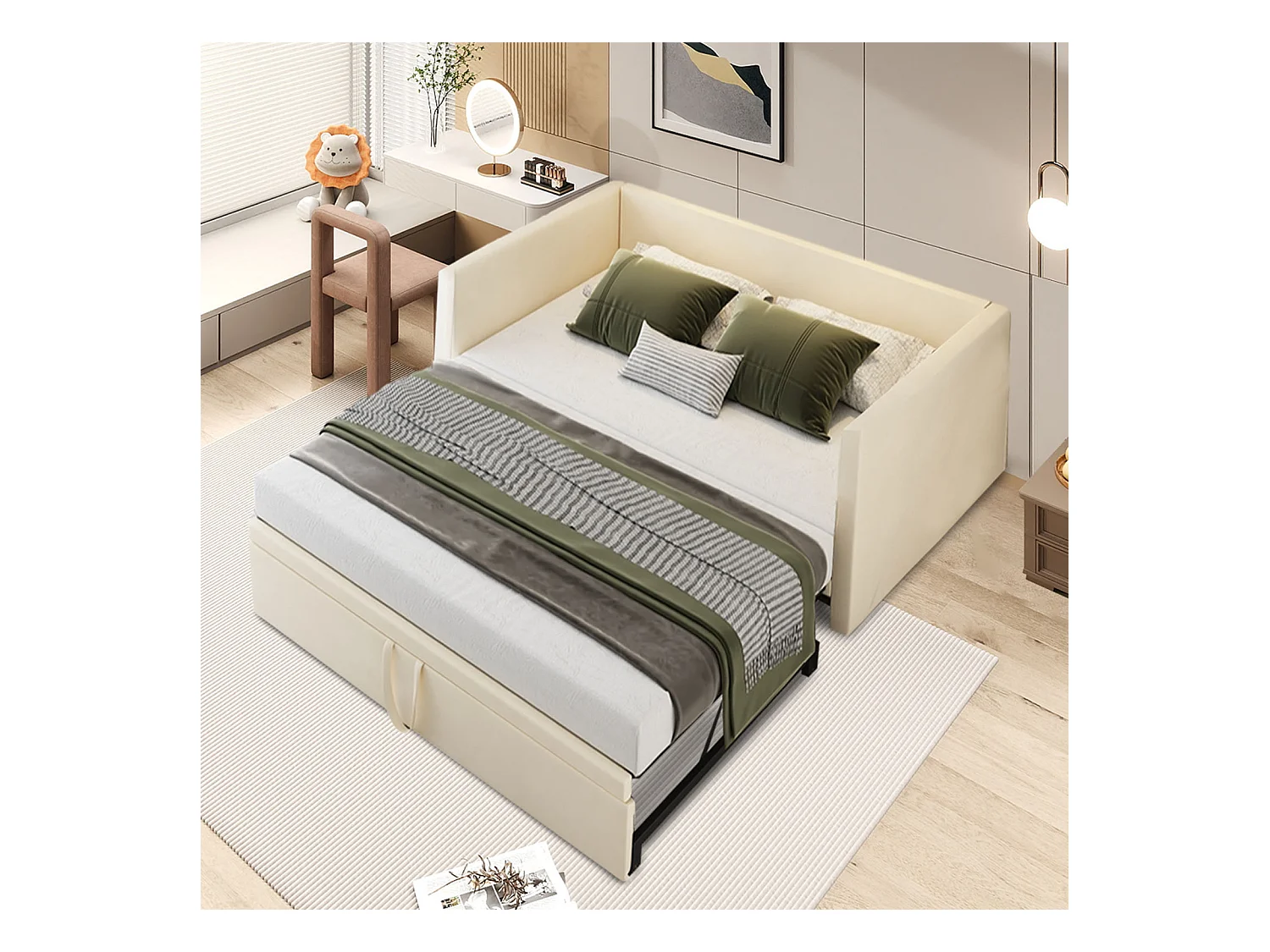 Sofá cama extraíble de 90/180*200 cm con somier de láminas en tejido de terciopelo agradable para la piel, color beige