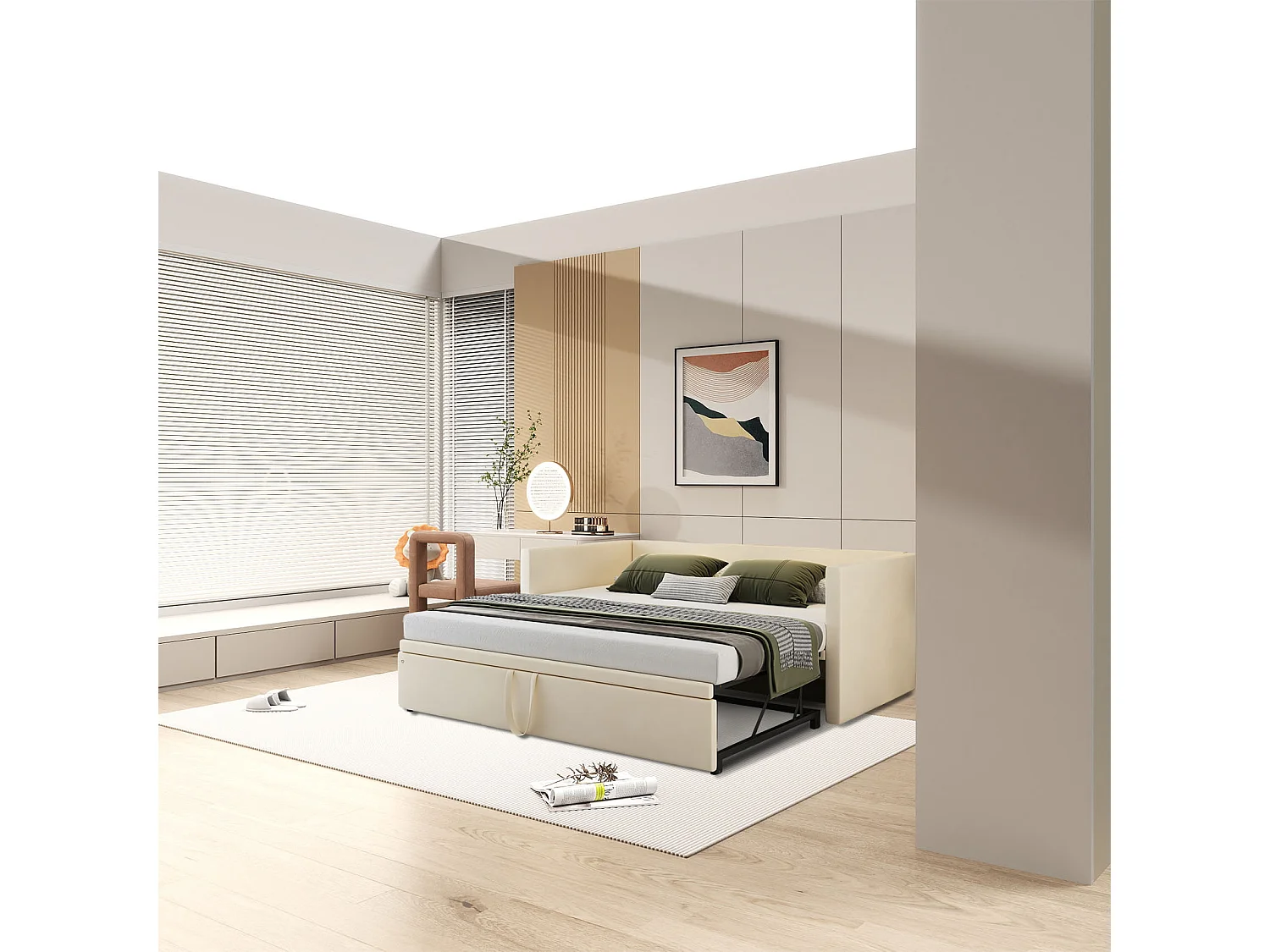 Sofá cama extraíble de 90/180*200 cm con somier de láminas en tejido de terciopelo agradable para la piel, color beige