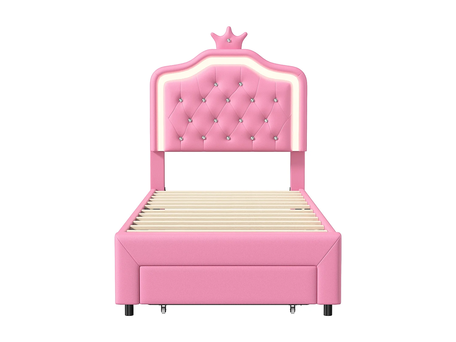 Cama tapizada 90*200cm, con cajón al pie de la cama y lámpara en la cabecera, color rosa, material PU