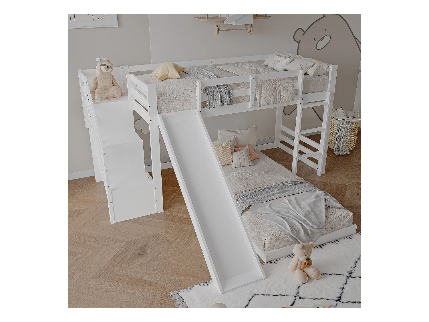 Cama de brincar infantil 90 x 200 cm com escada, com espaço de arrumação na escada, beliche, branco