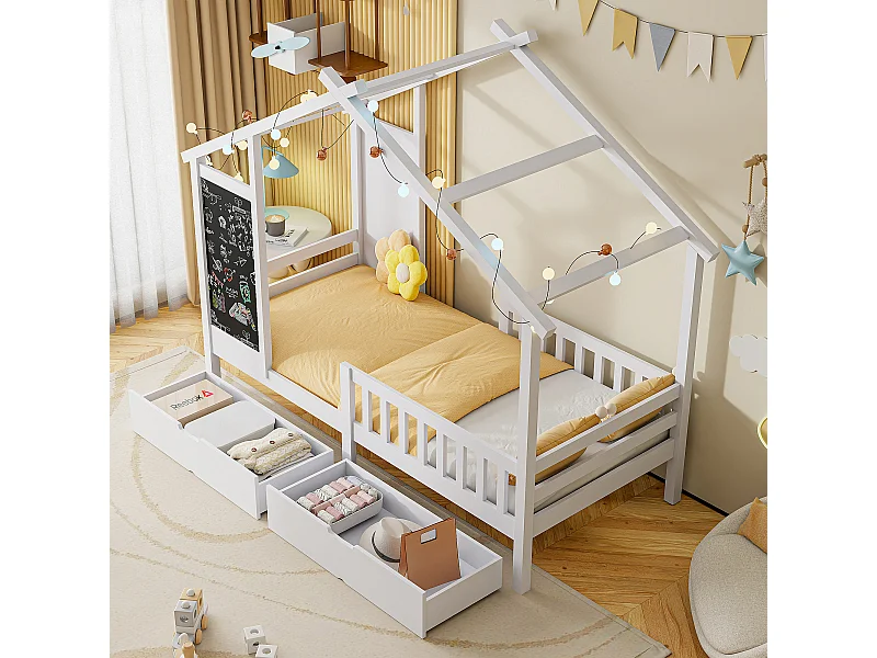 Cama infantil 90x200 cm, estilo cabaña de pino con pizarra, 2 cajones - pino macizo blanco
