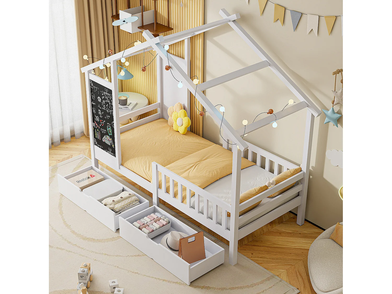 Lit enfant 90x200 cm, style cabane en pin avec tableau noir, 2 tiroirs - pin blanc massif