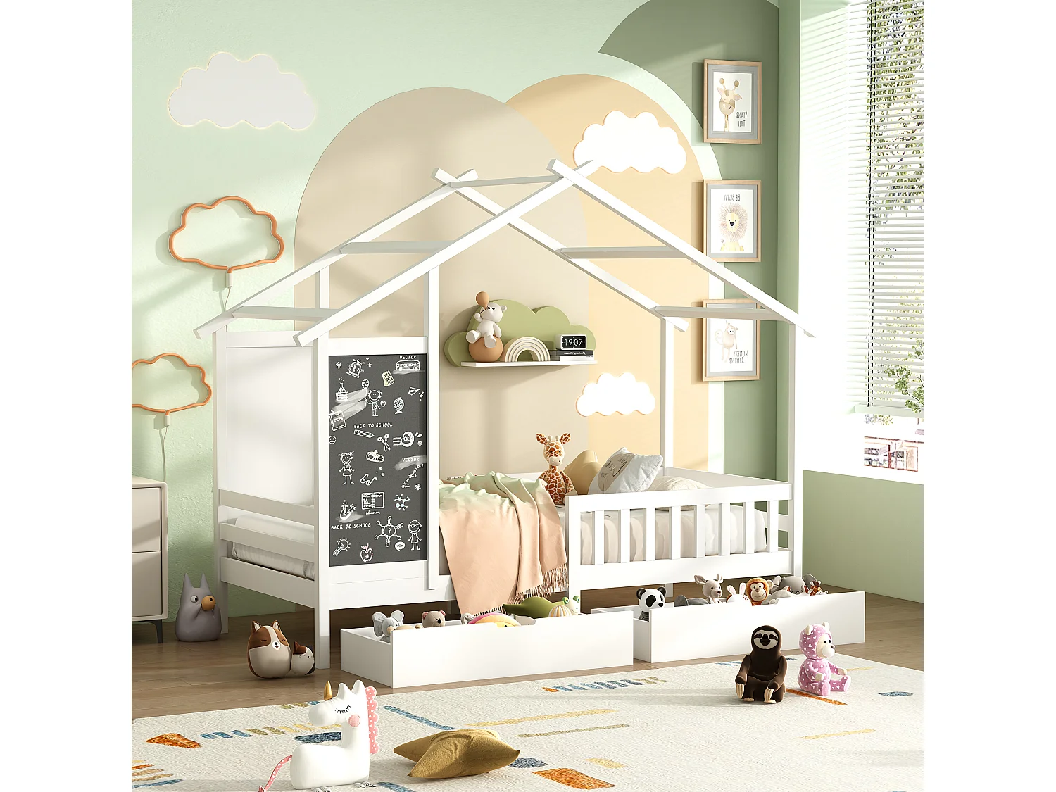 Lit enfant 90x200 cm, style cabane en pin avec tableau noir, 2 tiroirs - pin blanc massif