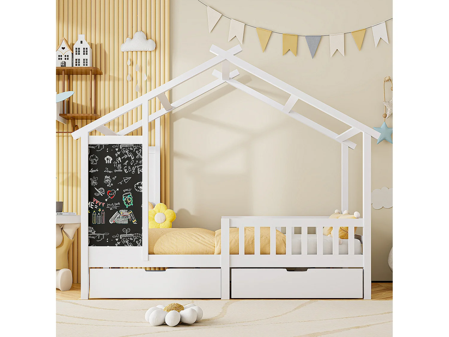Lit enfant 90x200 cm, style cabane en pin avec tableau noir, 2 tiroirs - pin blanc massif