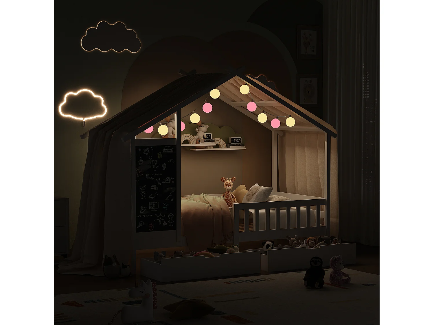 Lit enfant 90x200 cm, style cabane en pin avec tableau noir, 2 tiroirs - pin blanc massif