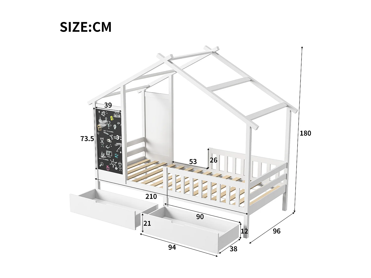 Lit enfant 90x200 cm, style cabane en pin avec tableau noir, 2 tiroirs - pin blanc massif