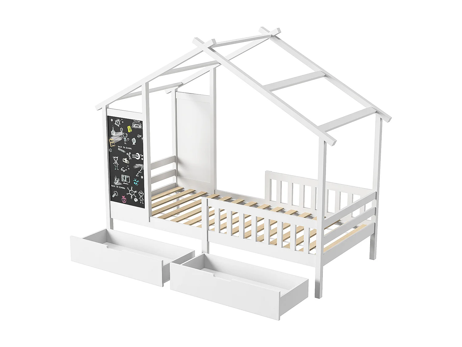 Lit enfant 90x200 cm, style cabane en pin avec tableau noir, 2 tiroirs - pin blanc massif