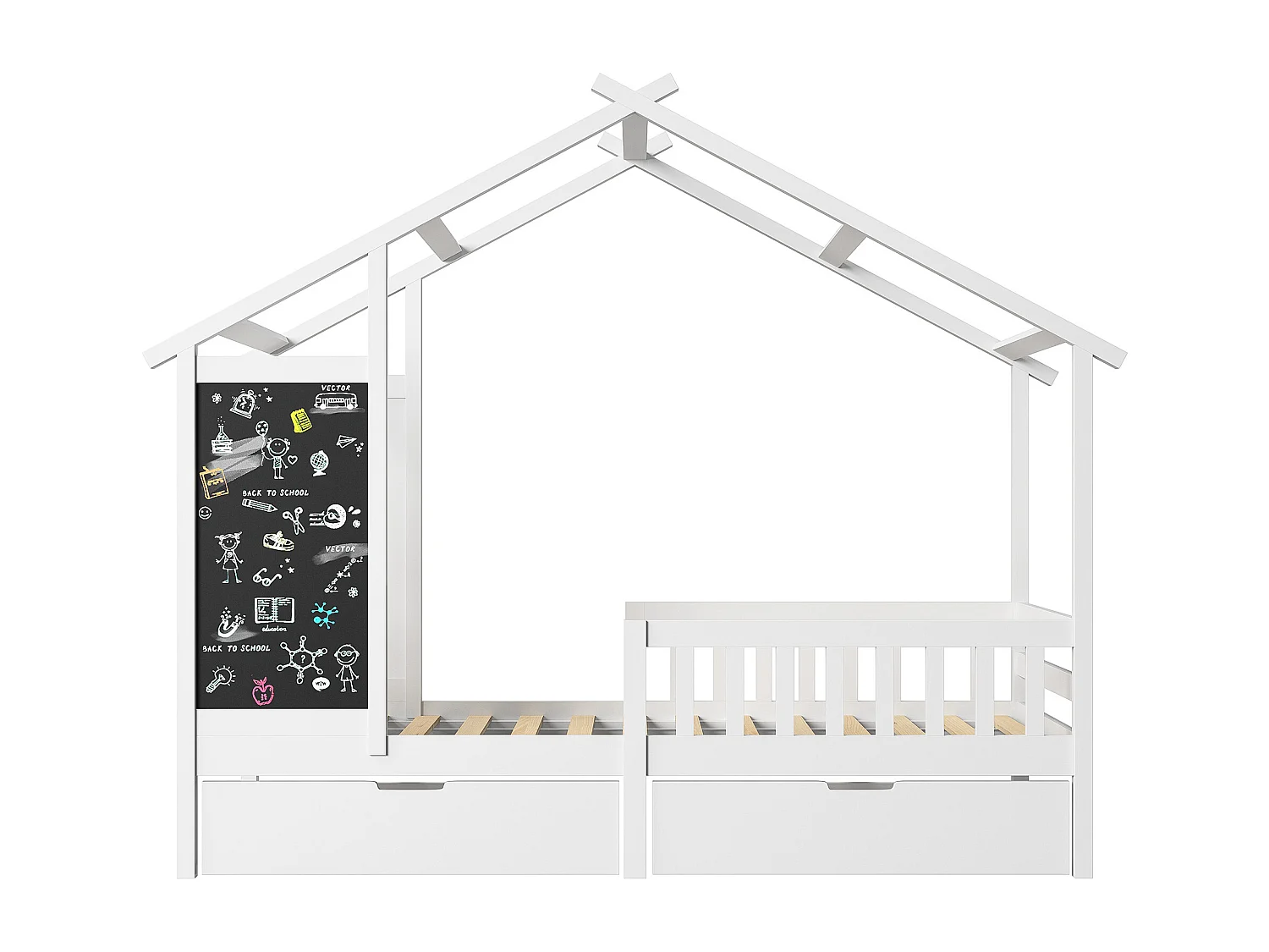 Lit enfant 90x200 cm, style cabane en pin avec tableau noir, 2 tiroirs - pin blanc massif