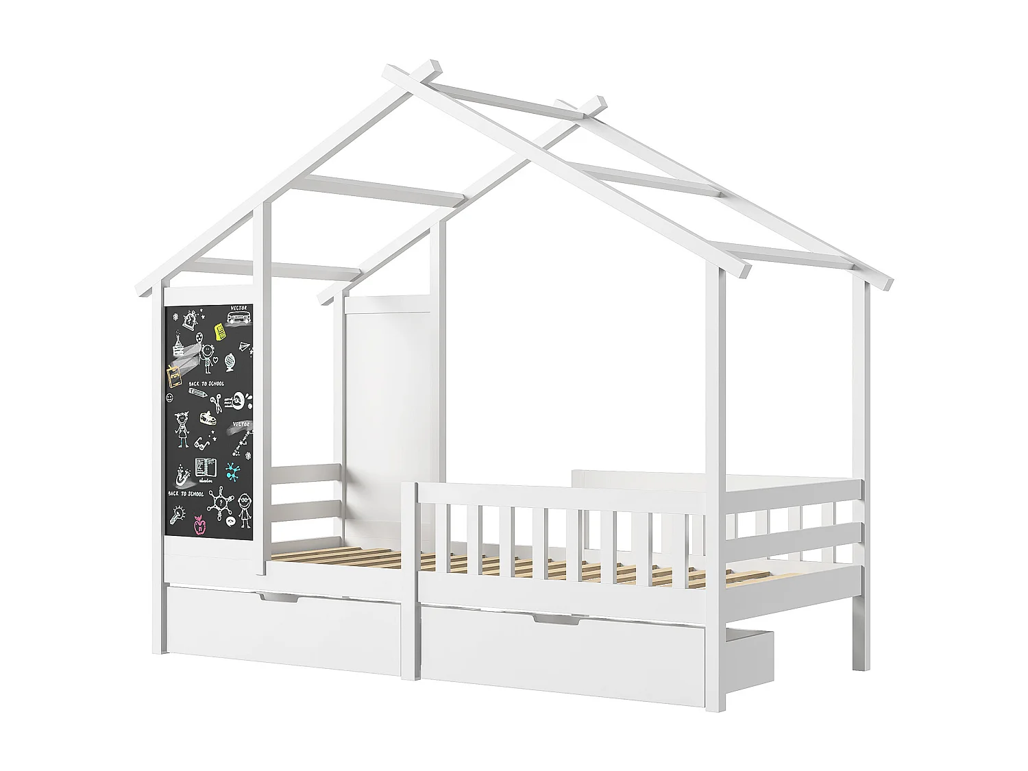 Lit enfant 90x200 cm, style cabane en pin avec tableau noir, 2 tiroirs - pin blanc massif