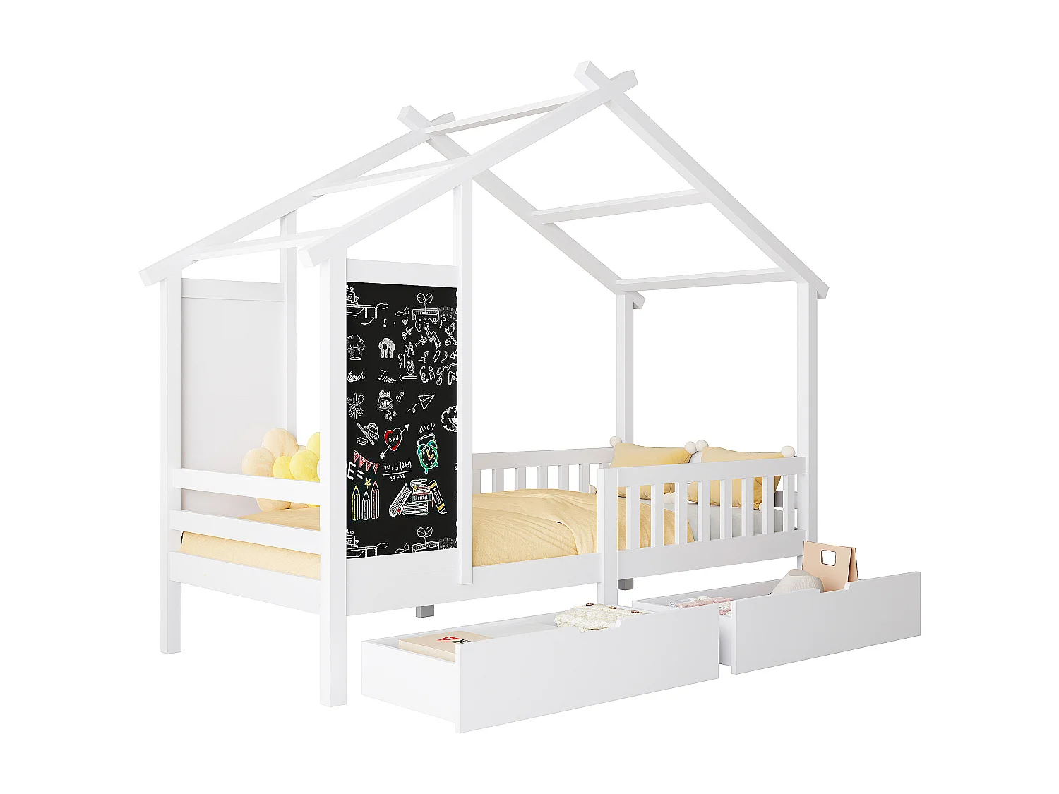 Lit enfant 90x200 cm, style cabane en pin avec tableau noir, 2 tiroirs - pin blanc massif