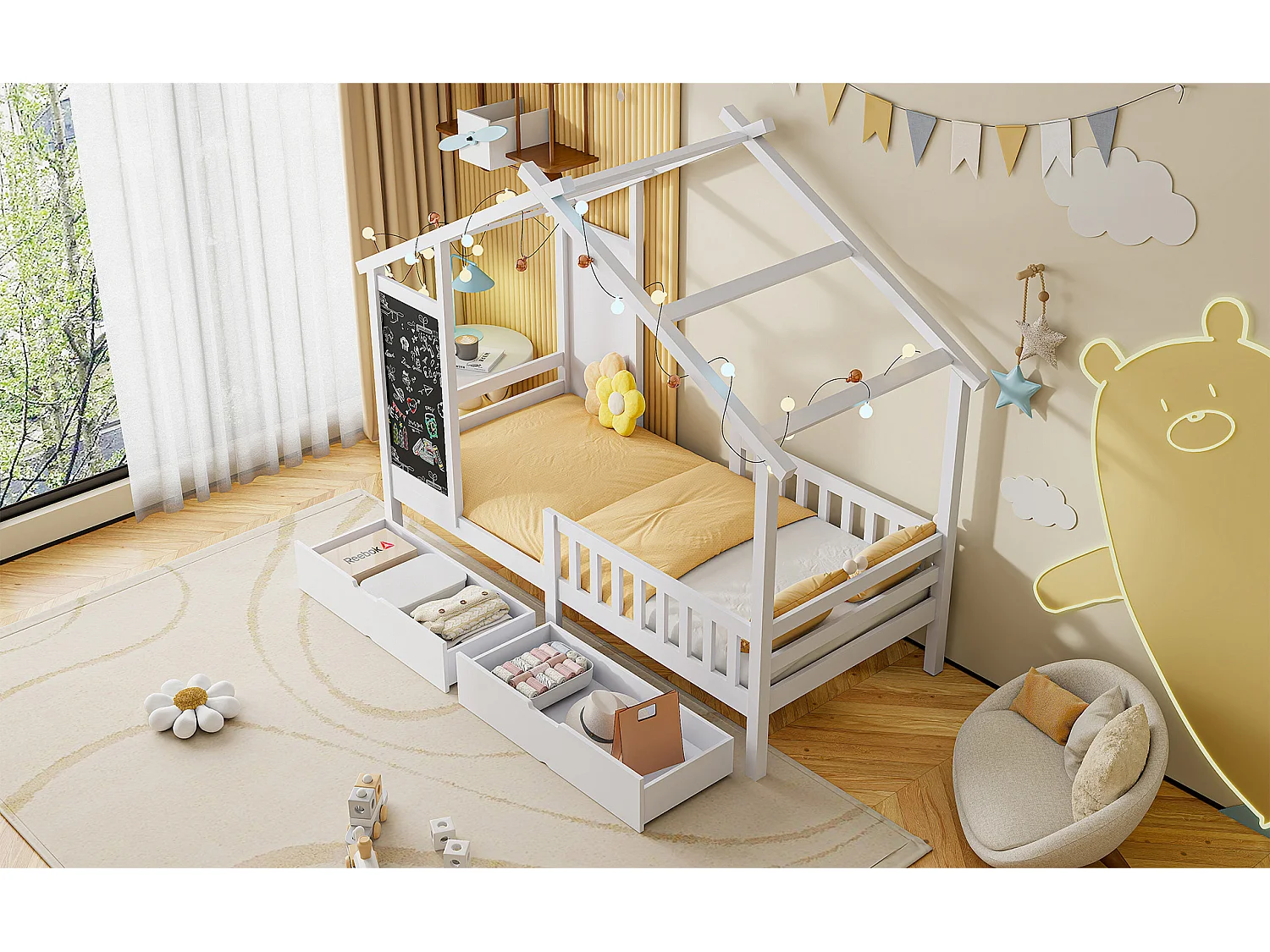Lit enfant 90x200 cm, style cabane en pin avec tableau noir, 2 tiroirs - pin blanc massif