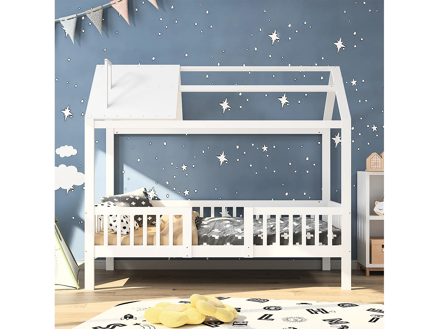 Kinderbed 90x200 cm, kajuitstijl, met veiligheidshekje, massief houten frame, wit, grenen