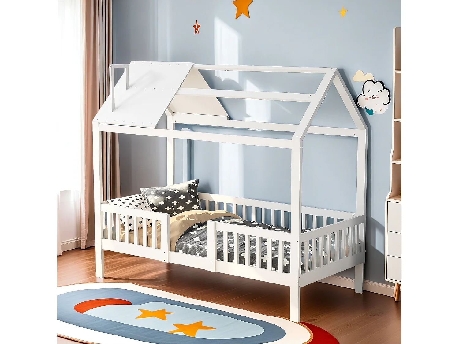 Kinderbed 90x200 cm, kajuitstijl, met veiligheidshekje, massief houten frame, wit, grenen