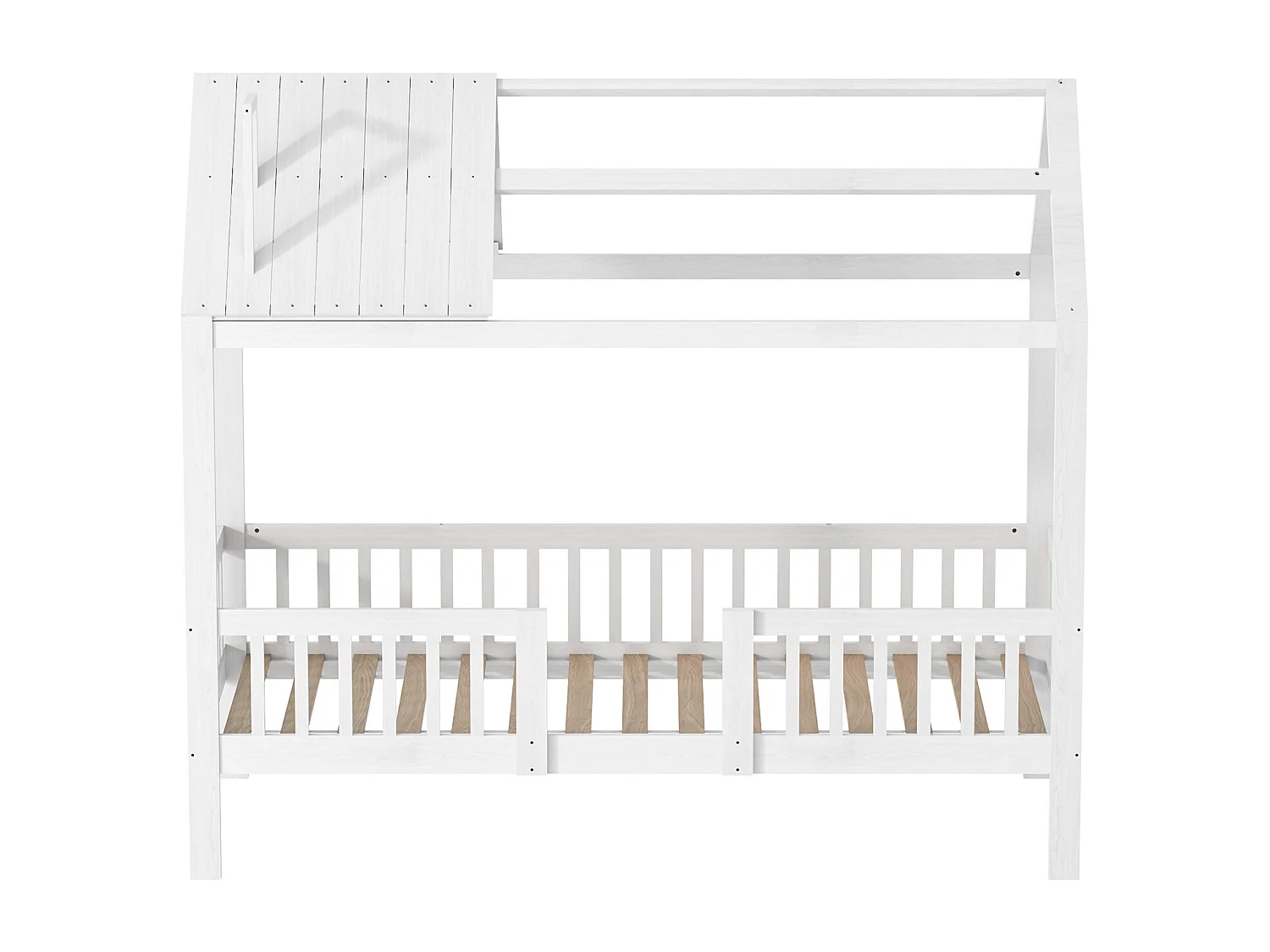 Kinderbed 90x200 cm, kajuitstijl, met veiligheidshekje, massief houten frame, wit, grenen