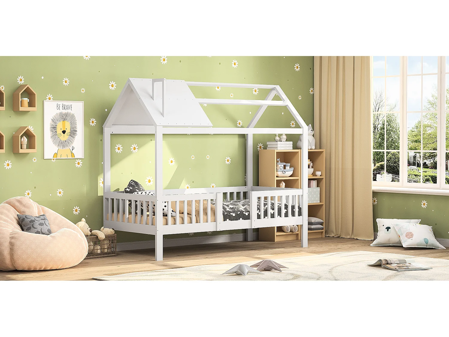 Kinderbed 90x200 cm, kajuitstijl, met veiligheidshekje, massief houten frame, wit, grenen