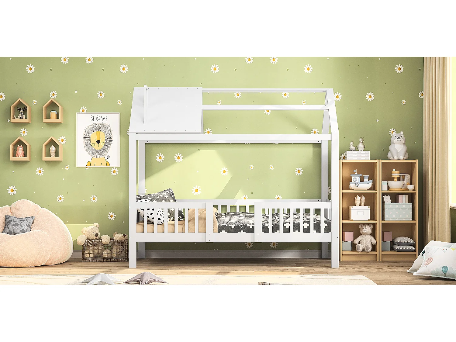 Kinderbed 90x200 cm, kajuitstijl, met veiligheidshekje, massief houten frame, wit, grenen
