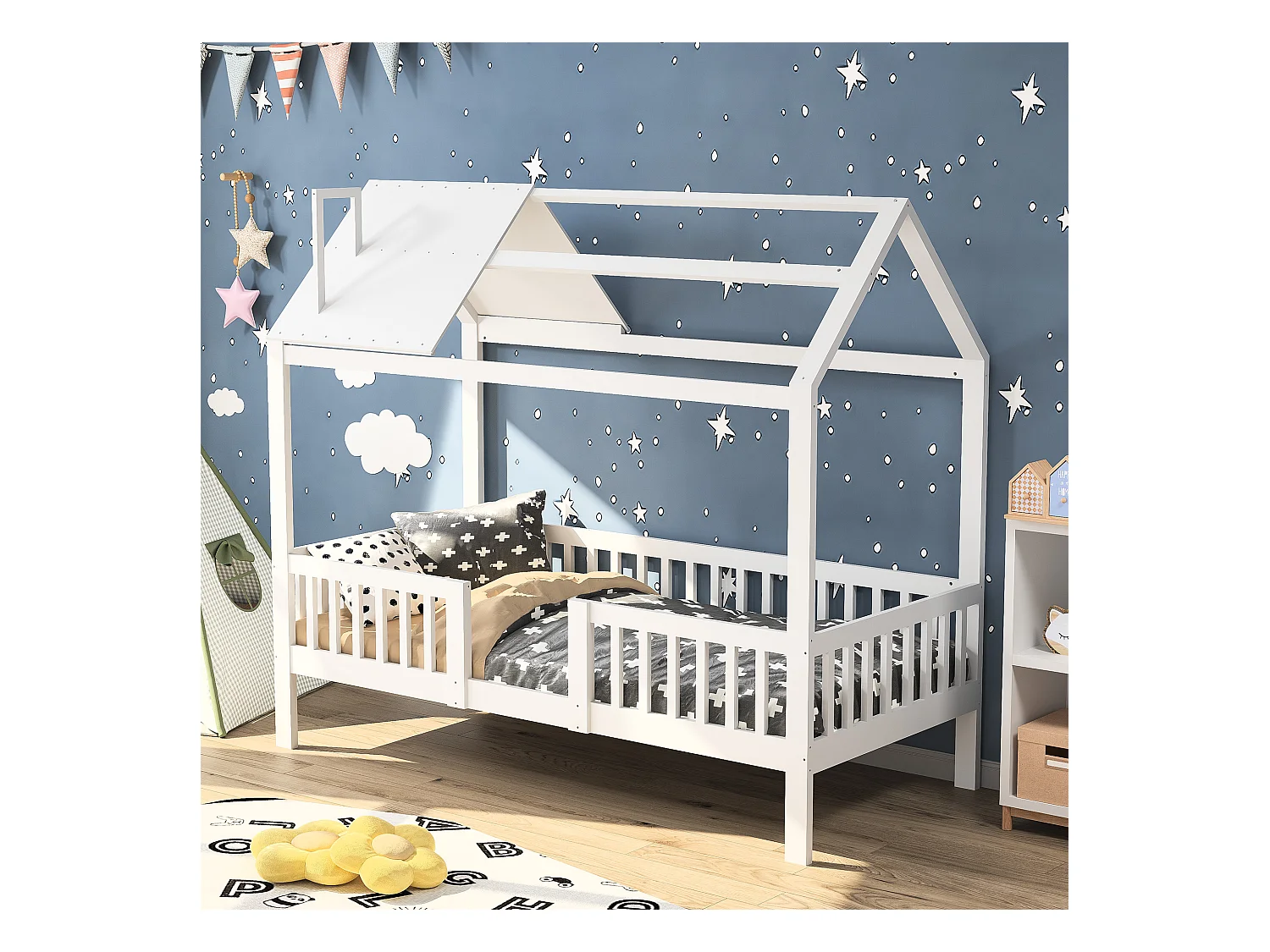Cama infantil 90x200 cm, estilo cabaña, con almacenaje y barrera de seguridad, estructura de madera maciza, color blanco, pino.
