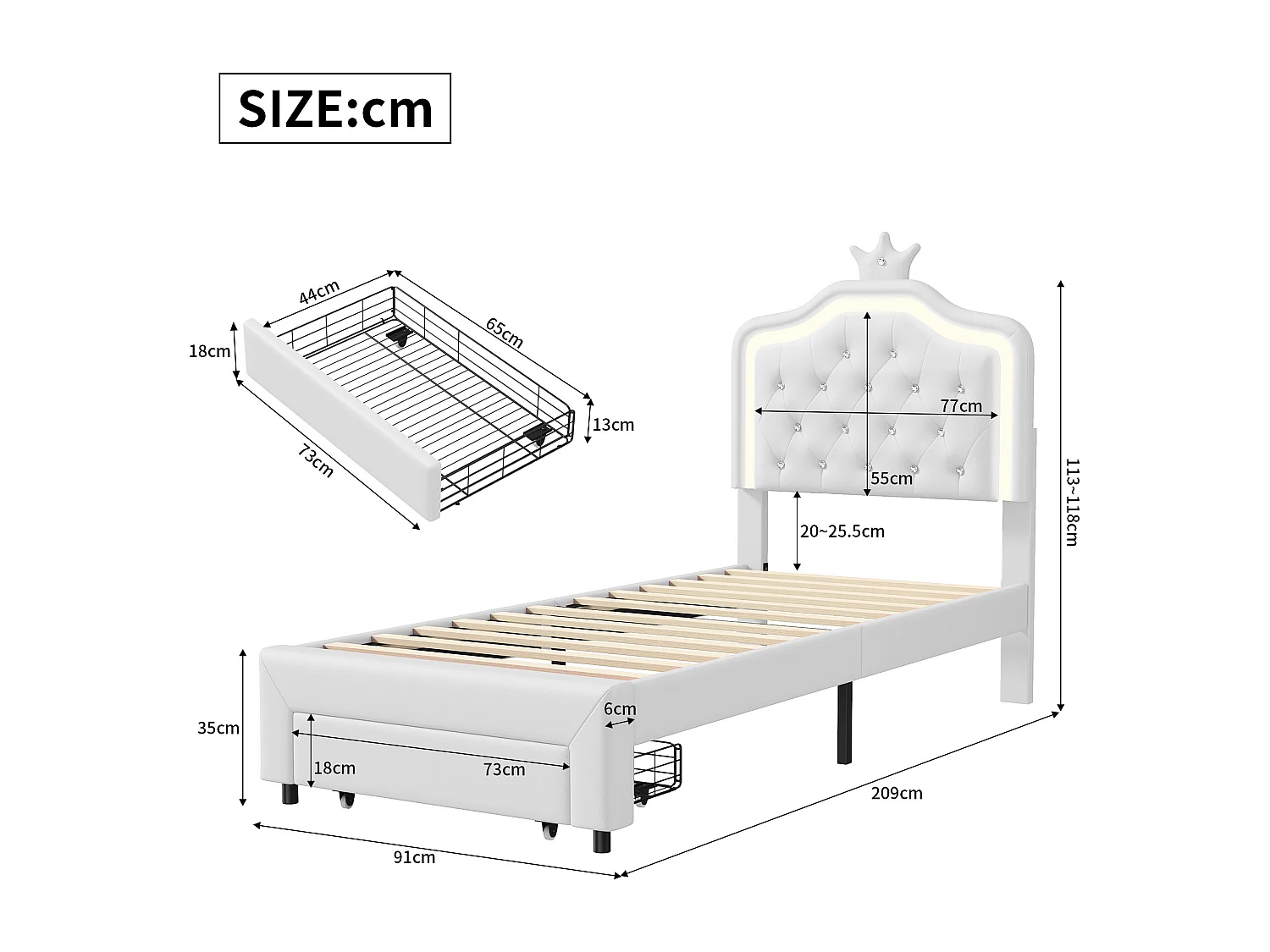 Cama tapizada, con cajón al pie de la cama y lámpara en el cabecero, 90*200cm, color blanco, material PU