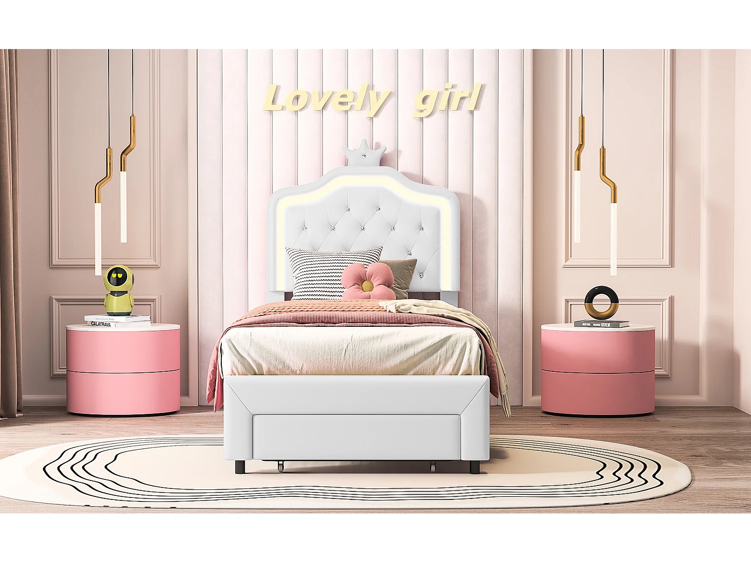 Cama tapizada, con cajón al pie de la cama y lámpara en el cabecero, 90*200cm, color blanco, material PU