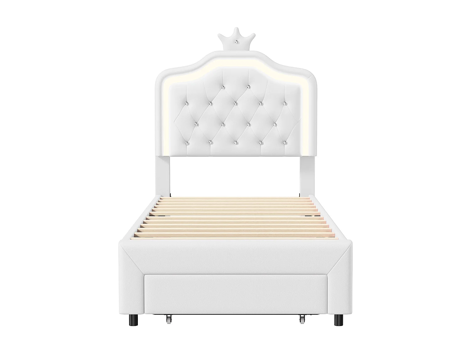 Cama tapizada con cajón a los pies de la cama y lámpara de cabecero, 90*200cm, color blanco, material PU