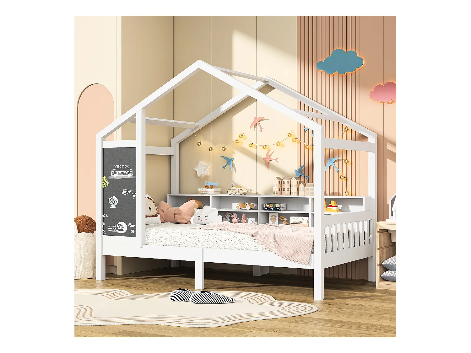 Cama de cabine 90x200 cm estilo cabine com quadro negro e móveis de armazenamento, pinho de qualidade, branco