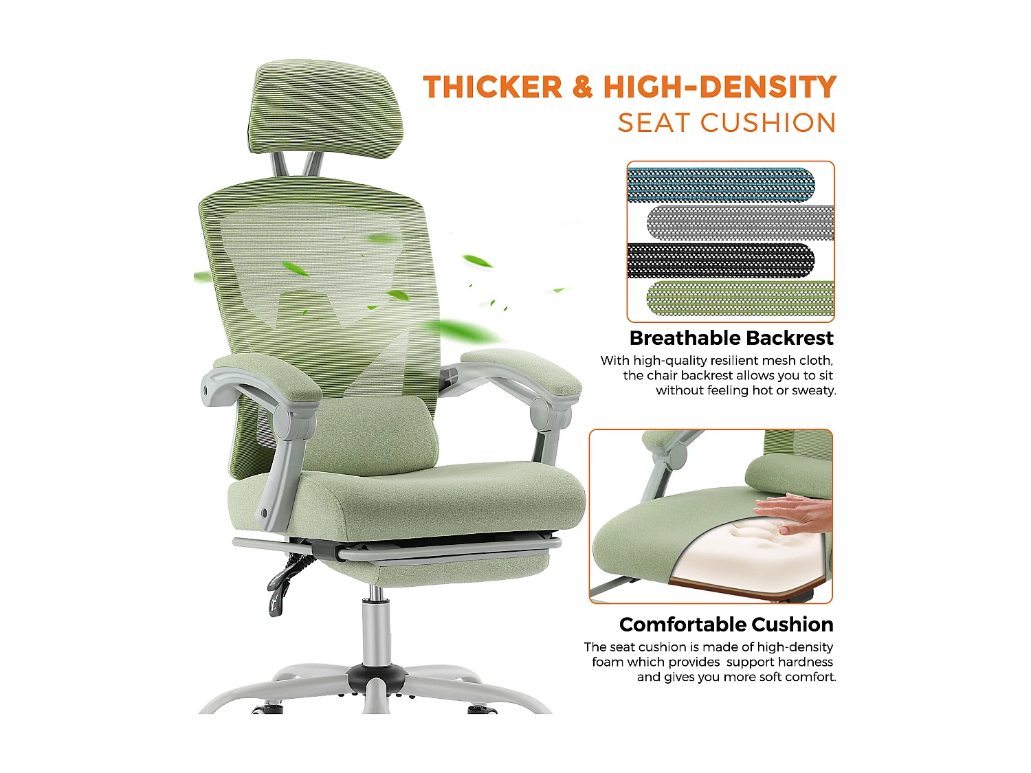 Chaise de bureau pivotante avec coussin de soutien lombaire et accoudoirs rembourrés, repose-pieds rétractable ergonomique, vert