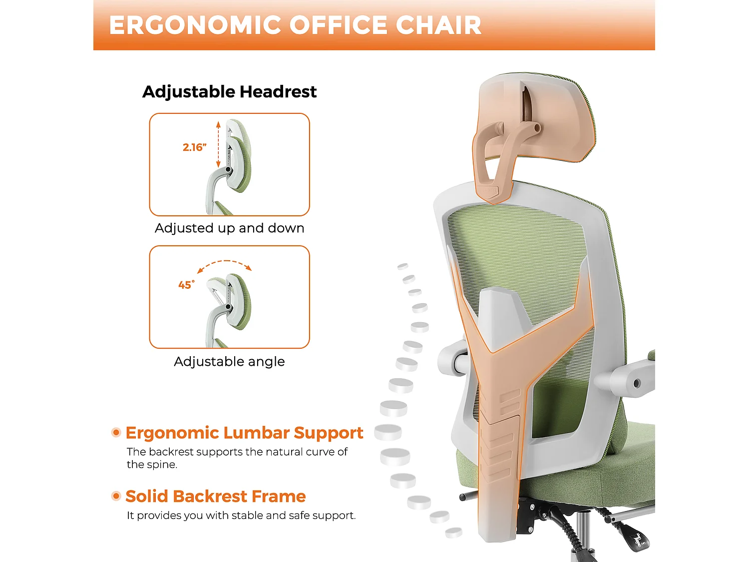 Chaise de bureau pivotante avec coussin de soutien lombaire et accoudoirs rembourrés, repose-pieds rétractable ergonomique, vert